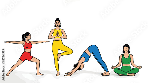 Diverse Women Practicing Yoga Poses Warrior Tree Downward Dog Lotus Health Wellness Fitness Meditation Iconography Collection