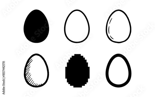 Minimalist egg design set: six unique black and white egg outlines and fills