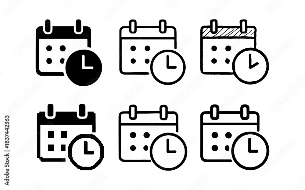 Obraz premium Set of calendar and clock icons in various line art styles