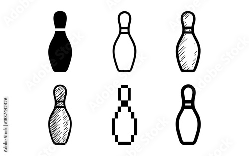 Set of bowling pins in various artistic styles including silhouette and pixel art