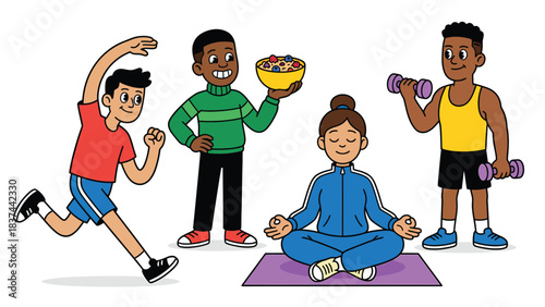 Diverse Cartoon Children Engaging in Healthy Activities Exercise Yoga and Nutrition for a Balanced Lifestyle