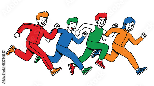 Diverse Group of Runners in Colorful Tracksuits Competing in a Race Healthy Lifestyle Teamwork and Competition Concept