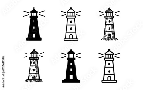 Collection of nautical lighthouse icons in sketch and outline styles