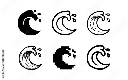 Minimalist wave emblems: silhouette, pixel, and abstract variations for modern design