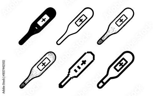 Diverse thermometer icon set with linear and textured styles