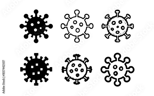 Hand drawn and silhouette virus icons set in black and white