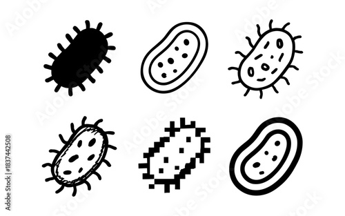 Black and white bacteria icons set in hand-drawn and pixel styles