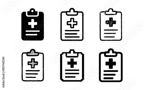 Medical clipboard icons set: varied styles of hospital document symbols