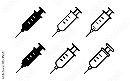 Medical syringe set collection: flat and linear styles with black and white variations