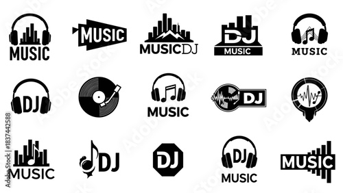 DJ logos vector illustration featuring a collection of black silhouettes