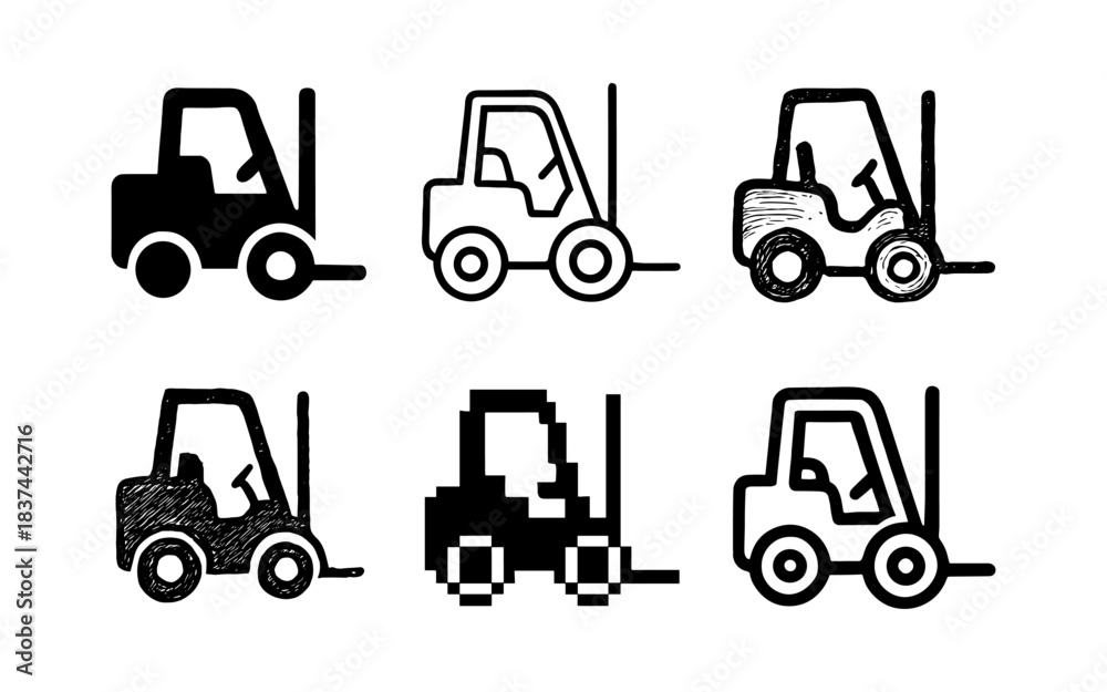 Naklejka premium Diverse forklift icons in various artistic styles