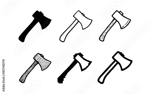 Diverse hand-drawn axe silhouettes: classic hatchet variations and sketch design
