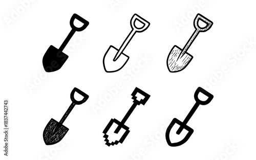 Set of six unique shovel designs: silhouette, sketch, pixel art variations