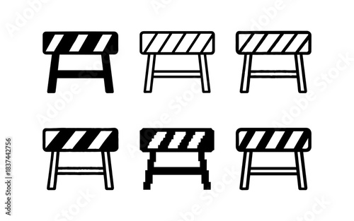 Set of six minimal traffic barricade designs in black and white