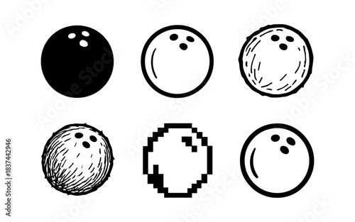 Diverse artistic styles of bowling balls in simple black and white designs