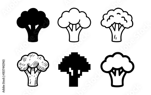 Unique broccoli icons in various styles including silhouette, hand drawn, and pixel art
