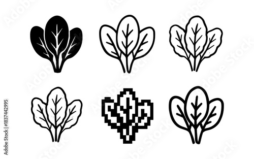 Set of spinach leaf icons in various styles: outline, silhouette, pixel, and textured designs