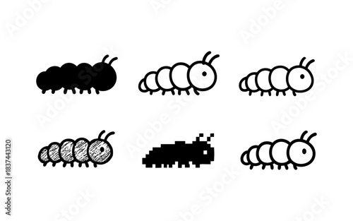 Diverse caterpillar icons in silhouette, pixel, and sketched styles