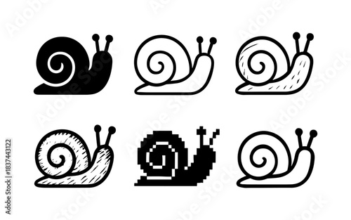 Diverse snail icons in vintage black and white styles