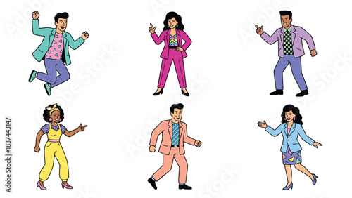 Diverse Group of Business Professionals Dancing and Celebrating Success in Retro Fashions Stock Illustration