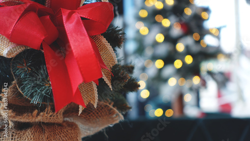 Red Christmas Ribbon and Burlap Decor with Festive Tree Lights