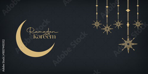 Ramadan Kareem Greeting Template with Elegant Gold Hanging Star Lanterns and Crescent Moon on a Dark Blue Islamic Pattern Background for Holy Month Celebration Design