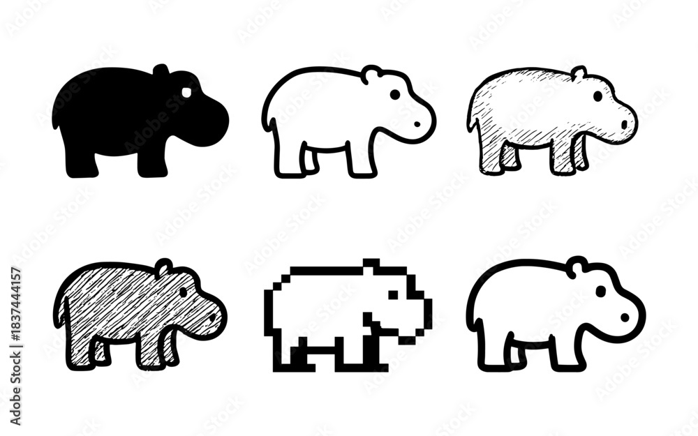 Fototapeta premium Hippo art styles: minimalist, doodle, pixel, and more animal designs