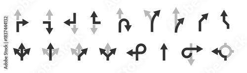 Navigation road arrows set with turning, straight and crossroad directions PNG. Location point marks for driving route and map guidance vector