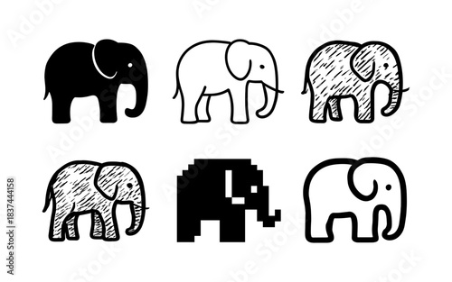 Elephant icons set: varied styles including doodle, pixel, and silhouette designs