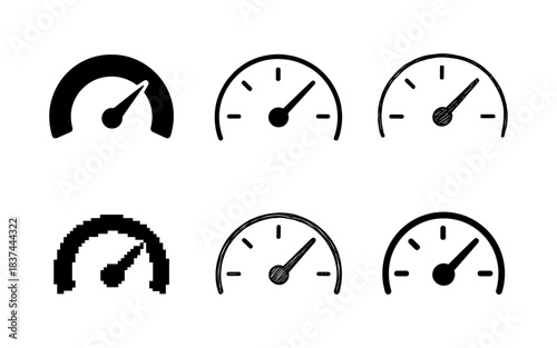 Diverse styles of speedometer icons: flat, pixel, grunge illustrations