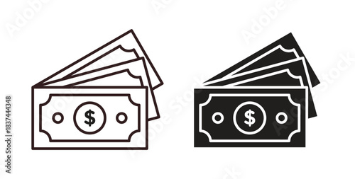 Cash icons design is in black and white, line stock illustration