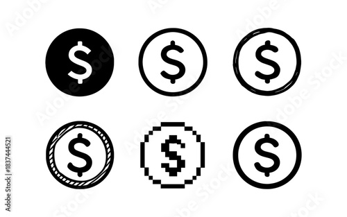 Variety of dollar sign icons: silhouettes and pixel art on white background