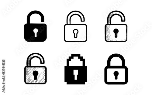 Various lock icon styles: flat, sketch, and pixel designs for security concepts
