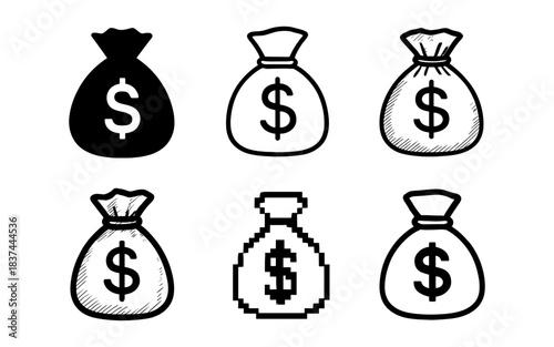 Diverse money bag icons in sketch, pixel, and outline styles