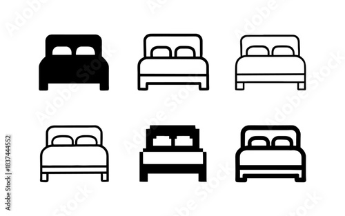 Set of bed icons: minimalist black and white bedroom silhouettes