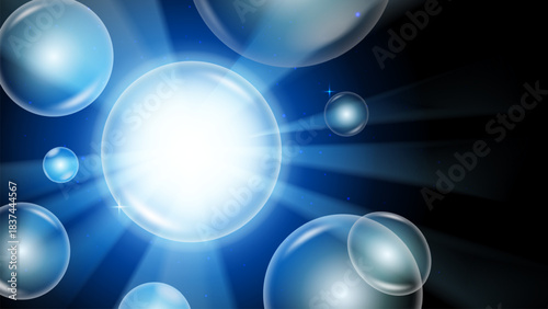 Shiny Blue Light Bubbles Background – Glowing Abstract Spheres With Radiant Rays, Soap Water Bubble Effect, Fresh Clean Glow, Futuristic Sci-Fi Energy Illustration Vector