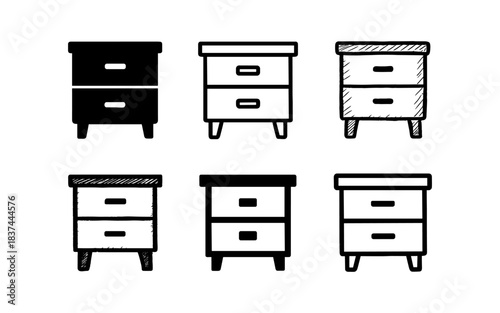 Set of nightstand icons in black and white sketch and solid styles