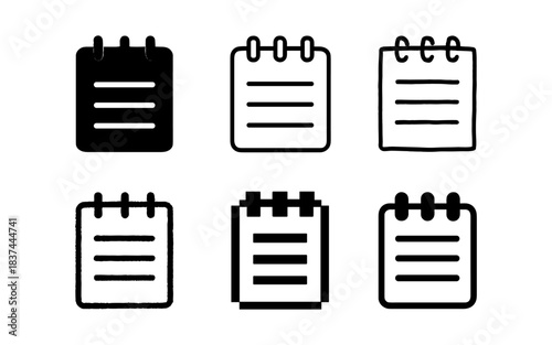 Various notepad icons: bold, outline, and sketch styles for note-taking design