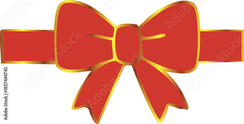 A shiny red ribbon bow with golden edges is displayed as an elegant decorative gift wrap element