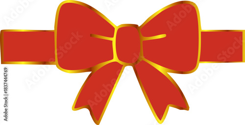 A shiny red ribbon bow with golden edges is displayed as an elegant decorative gift wrap element