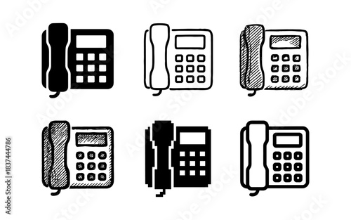 Set of classic landline phone icons in bold and sketch styles