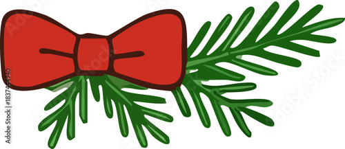 A simple red bow with a dark outline is attached to green pine branches, creating a festive holiday decoration.