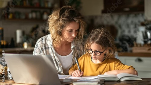 Happy mom helping child with schoolwork using laptop, books open on table in sunny kitchen study routine, supportive parenting, homeschooling life, elementary school