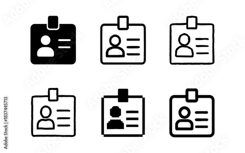 Collection of id badge icons in various styles: solid, outline, and sketch