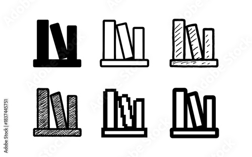 Modern library icon set: minimalist books on shelves in various graphic styles