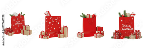 Red Christmas Gift Bags and Stacked Present Boxes Set, Isolated Holiday Element with Oil Paint Texture (PNG)