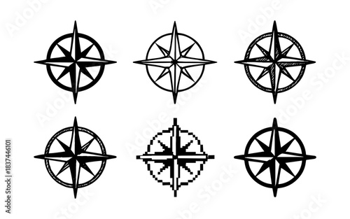 Collection of compass rose designs in various artistic styles