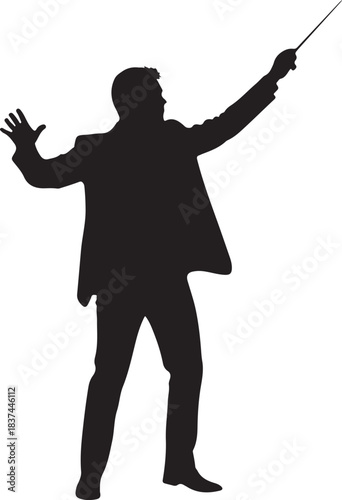 Silhouette of a male orchestra conductor leading with a baton, passionately directing a musical performance or concert stage.