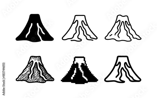 Volcano icon set in diverse styles: scribble, pixel, outline, linear, minimalist