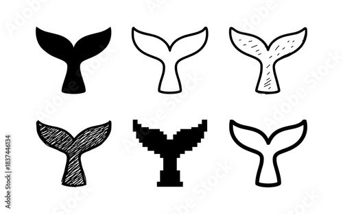 Diverse whale tail designs in various artistic styles